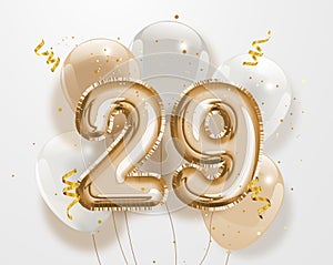 Happy 29th birthday gold foil balloon greeting background.