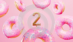 Happy 2nd birthday celebration background with pink frosted donuts. 3D Rendering