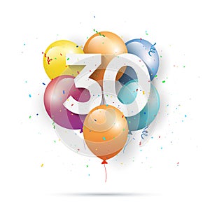 Happy 30th birthday balloons greeting card on white background.