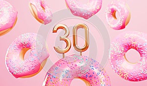 Happy 30th birthday celebration background with pink frosted donuts. 3D Rendering