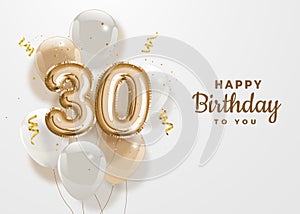 Happy 30th birthday gold foil balloon greeting background.