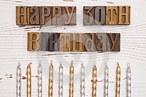 Happy 30th Birthday Spelled in Type Set