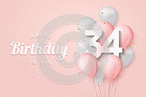 Happy 34th birthday balloons greeting card background.