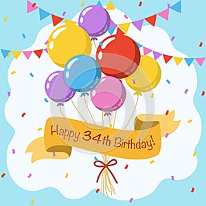 Happy 34th birthday, colorful vector illustration greeting card