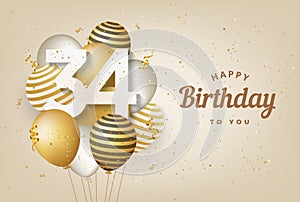 Happy 34th birthday with gold balloons greeting card background.