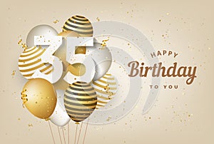 Happy 34th birthday with gold balloons greeting card background.