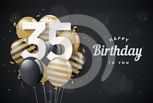 Happy 35th birthday balloons greeting card black background. 35 years anniversary. 35th celebrating with confetti.