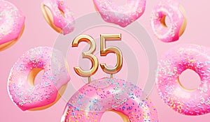 Happy 35th birthday celebration background with pink frosted donuts. 3D Rendering