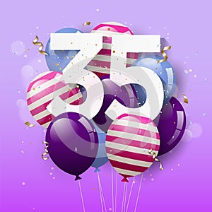 Happy 35th birthday greeting card with balloons. 35 years anniversary. 35th celebrating with confetti.
