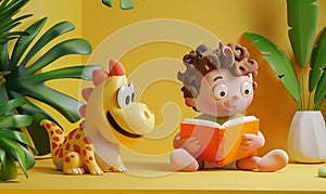 Happy 3d boy with a book and dinosaur. Yellow background