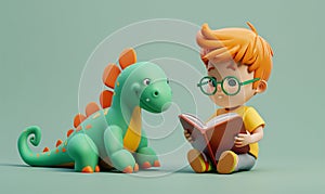 Happy 3d boy reading a book to the green dinosaur. Greenish background