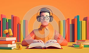 Happy 3d man in headphones with an open book. Orange background