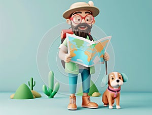 Happy 3d traveller with a map and a dog in the jungle. Discovery moment