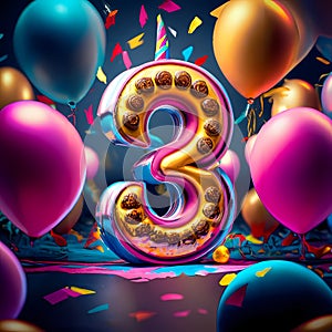 Happy 3Rd Birthday - A Number Three With Balloons And Confetti