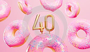 Happy 40th birthday celebration background with pink frosted donuts. 3D Rendering