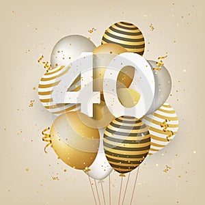 Happy 40th birthday with gold balloons greeting card background.