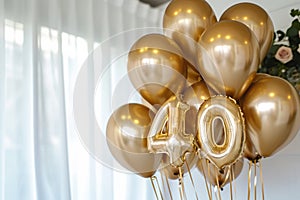 Happy 40th birthday. Gold helium 40 birthday balloons at a celebration event