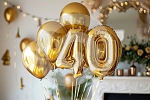 Happy 40th birthday. Gold helium 40 birthday balloons at a celebration event
