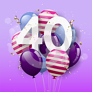 Happy 40th birthday greeting card with balloons. 40 years anniversary. 40th celebrating with confetti.