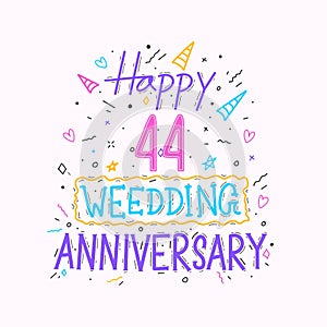 Happy 44th wedding anniversary hand lettering. 44 years anniversary celebration hand drawing typography design