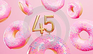 Happy 45th birthday celebration background with pink frosted donuts. 3D Rendering