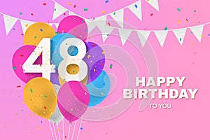 Happy 48th birthday balloons greeting card background.