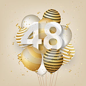 Happy 48th birthday with gold balloons greeting card background.