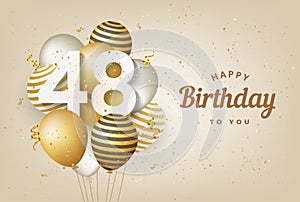 Happy 48th birthday with gold balloons greeting card background.
