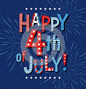 Happy 4th of July 2020 in Red white and blue doodle letters and fireworks on navy blue.