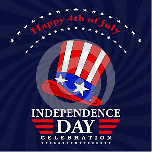 Happy 4th of July background. Fourth of July decoration. USA Independence Day design with text and uncle Sam hat. Vector