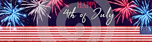 Happy 4th of July background panorama banner - American flag and red blue white fireworks on dark blue vintage texture with