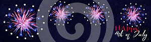 Happy 4th of July background panorama banner - Red blue white fireworks with stars on dark blue vintage texture with handlettering