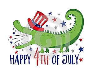 Happy 4th of July - Funny cartoon alligator in uncle sam hat