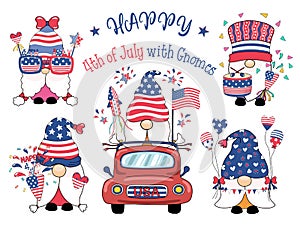 Happy 4th of July with gnomes Designed in doodle style, red, white, and blue tones