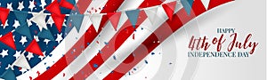 Happy 4th of July Independence Day celebration banner or header. USA national holiday design concept with a waving flag and buntin