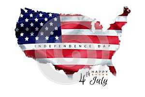 Happy 4th July Independence Day greeting card American flag grunge background on America geography map shape isolated on white