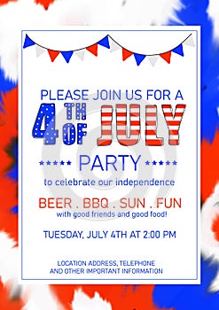 Happy 4th of July, Independence day party invitation. Abstract background in flag colors for USA Independence day holiday