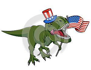 Happy 4th of July - T rex tyrannosaurus with American flag. Cute smiling happy dinosaur with Uncle Sam hat.