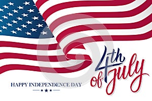 Happy 4th of July United States Independence Day celebrate banner with waving american national flag and hand lettering text.