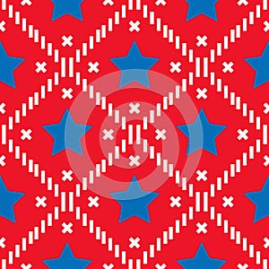 Happy 4th of July, USA Independence Day background. Vector seamless flag pattern, blue star and red stripes. Abstract design