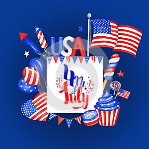 Happy 4th of July USA Independence Day greeting card with american national flag and hand lettering text design