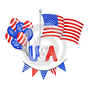 Happy 4th of July USA Independence Day greeting card with american national flag and hand lettering text design