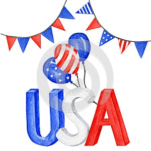 Happy 4th of July USA Independence Day greeting card with american national flag and hand lettering text design