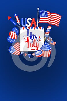 Happy 4th of July USA Independence Day greeting card with american national flag and hand lettering text design