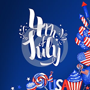 Happy 4th of July USA Independence Day greeting card with american national flag and hand lettering text design