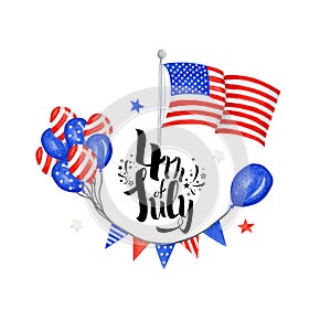 Happy 4th of July USA Independence Day greeting card with american national flag and hand lettering text design