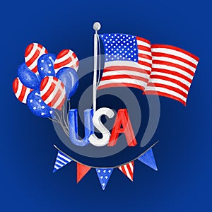 Happy 4th of July USA Independence Day greeting card with american national flag and hand lettering text design