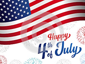 Happy 4th of July USA Independence Day greeting card with flag, fireworks and hand lettering text