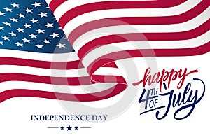 Happy 4th of July USA Independence Day greeting card with waving american national flag and hand lettering.