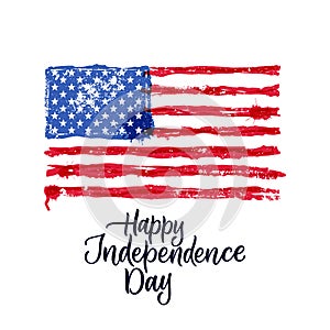 Happy 4th of July, USA Independence Day. Hand drawn calligraphy lettering, american watercolor flag. Vector illustration